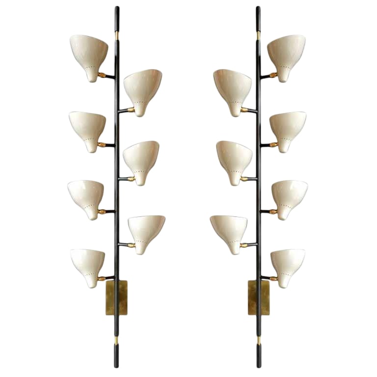 Pair of Mid-Century style sconces, produced in Italy: Pair of Italian Contemporary Sconces Completely handmade fixture of painted brass & painted aluminum shades. Each arm adjusts its positioning at the base & every shade pivots in different directions.