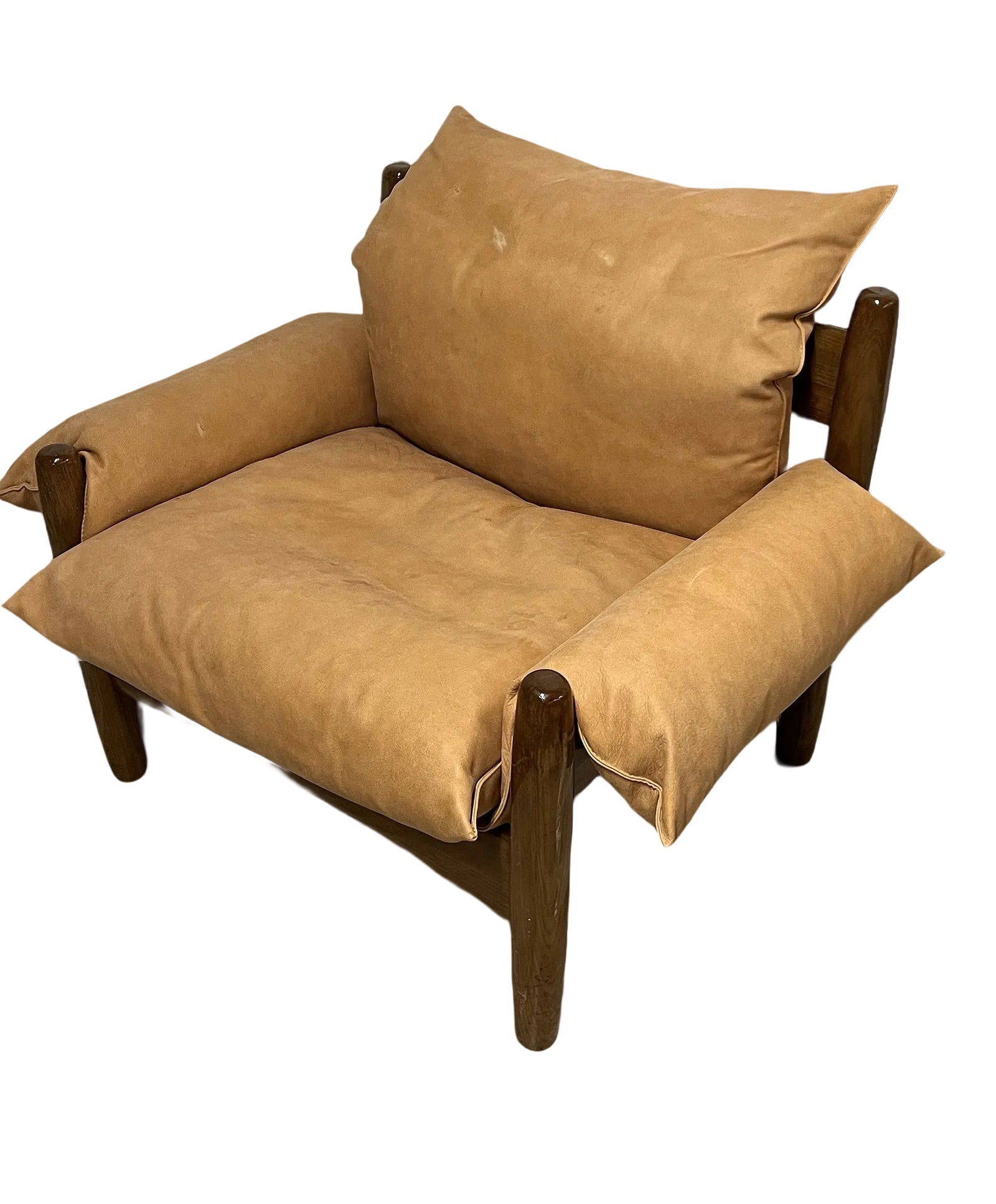 Sergio Rodrigues Armchair: "Sheriff" model. Solid pine, leather cover, leather straps. Design: Sergio Rodrigues, 1957. Manufacturer: Isa, Bergamo, Italy. Vintage condition