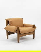 Sergio Rodrigues Armchair: "Sheriff" model. Solid pine, leather cover, leather straps. Design: Sergio Rodrigues, 1957. Manufacturer: Isa, Bergamo, Italy. Vintage condition