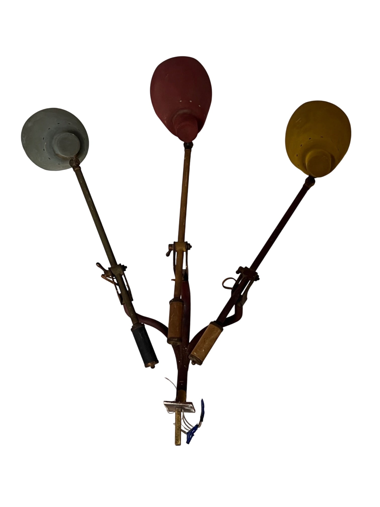 Vintage wall lamp with three lights, Italy, 1950: The fixture features a central mounting point from which three arms extend, each topped with a distinct, colored, dish-shaped shade: one green, one red, and one yellow.