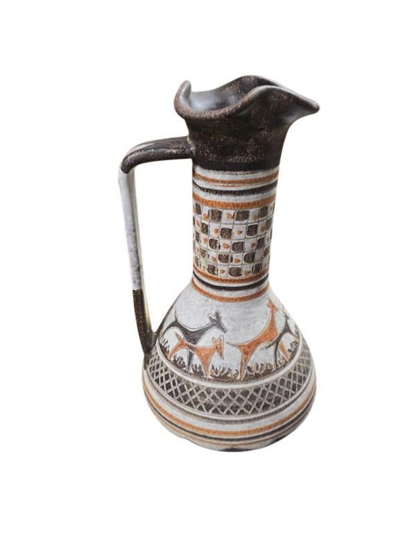 Ceramic Pitcher by ARS, Italy, c.1960: This is a vintage ceramic pitcher by Italica Ars, a brand from Italy. The pitcher is hand-painted with a stylized design of animals and geometric patterns. The detailed artwork and design in this