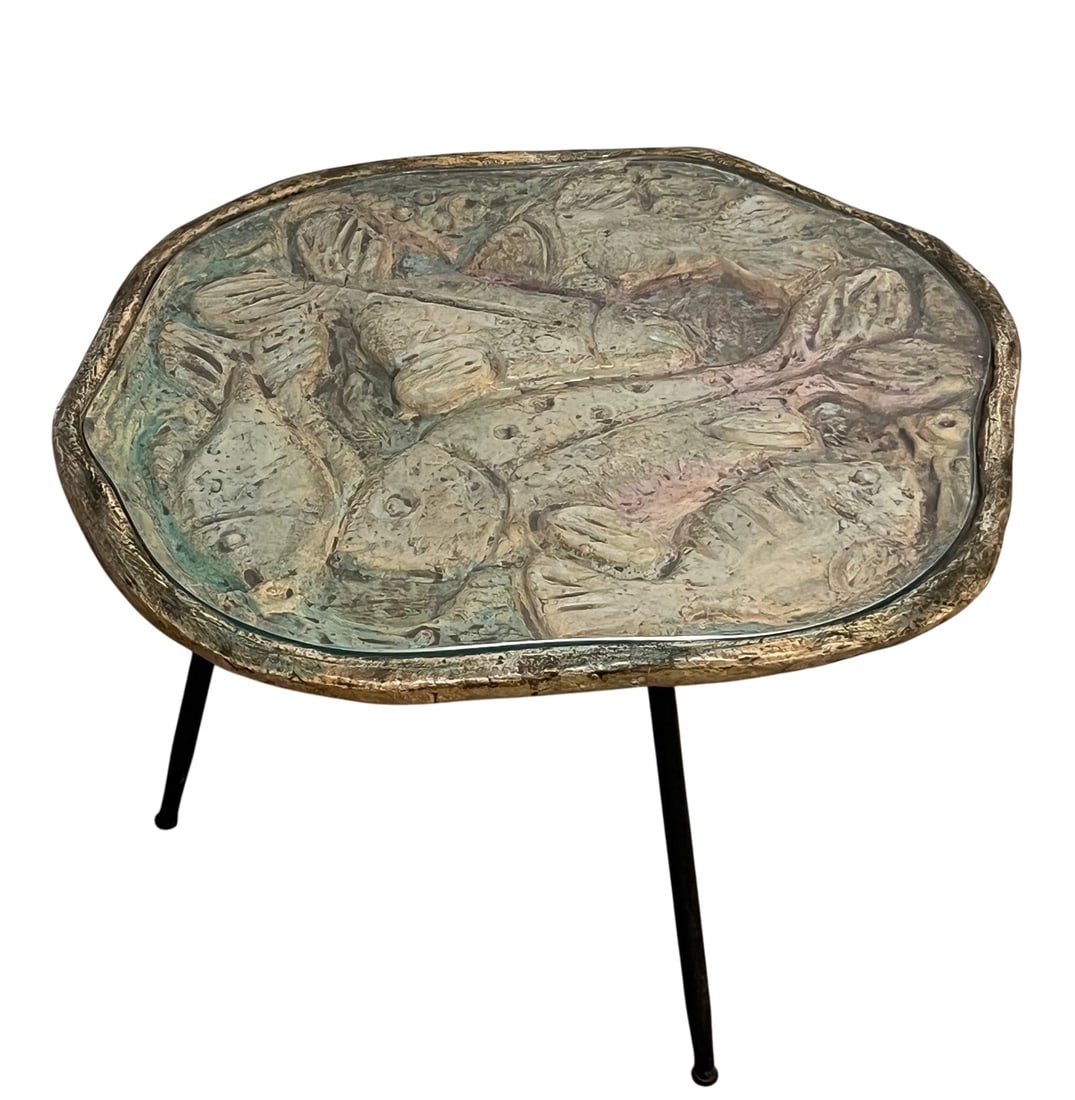 Low table by Arosio, Italy, c.1950: Very unique table with a textured fish design underneath a piece of glass. It looks like a piece of art.