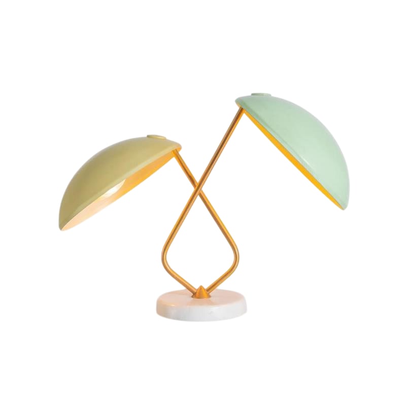 Stilnovo Table Lamp: Table Lamp by Stilnovo Production Italy 1950 ca. Two-light table lamp, brass rod structure, painted metal cones one green and one yellow, circular base in Carrara white marble.