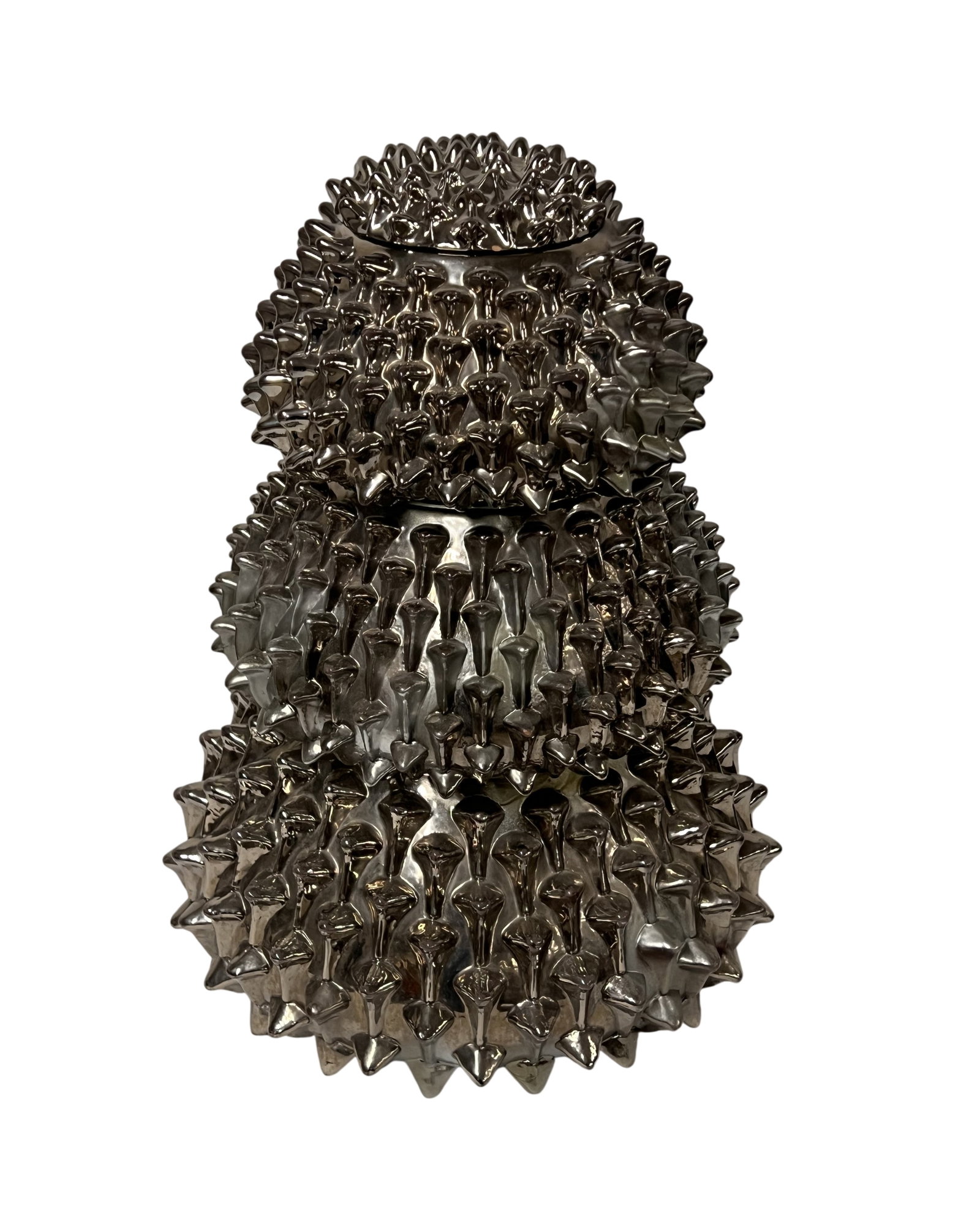 3 Azucena Ceramic Planters: 3 Stacked Vases Vintage and rare Planters "Riccio" by Corrado Corradi Dell'Acqua for Azucena Pyramid formed by three superimposable cachepots platinum-plated ceramic on the outside, brown-prune glaze