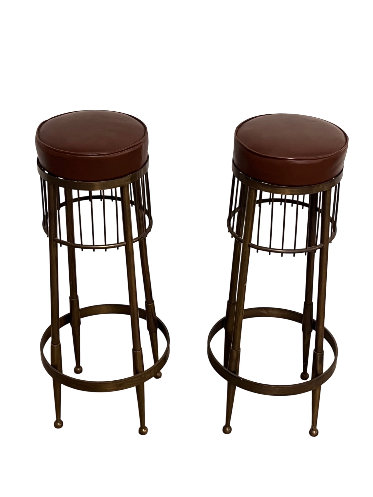 Pair of italian modernist stools, c.1950: Pair of unique vintage Italian Stools Nice Patina Italian Craftsmanship at its best The combination of the brown leather seats and brass like finish gives them a very nice look in any space Seat diam