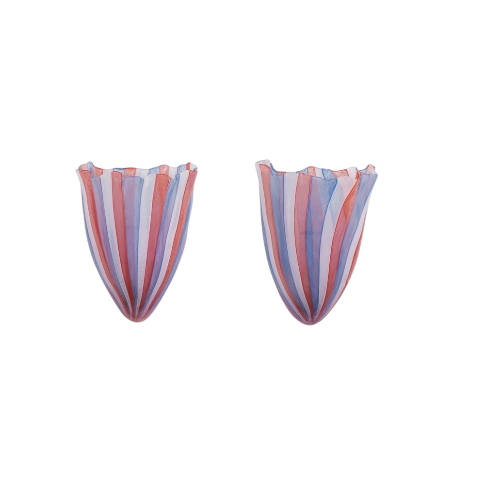 Pair of Venini Sconces: Paolo Venini and Fulvio Bianconi Venini production Italy approx. 1950 Rare pair of “Fazzoletto” wall lamps in zanfirico blown glass with lattime canes, red and blue. Bibliografia: Marino Barov