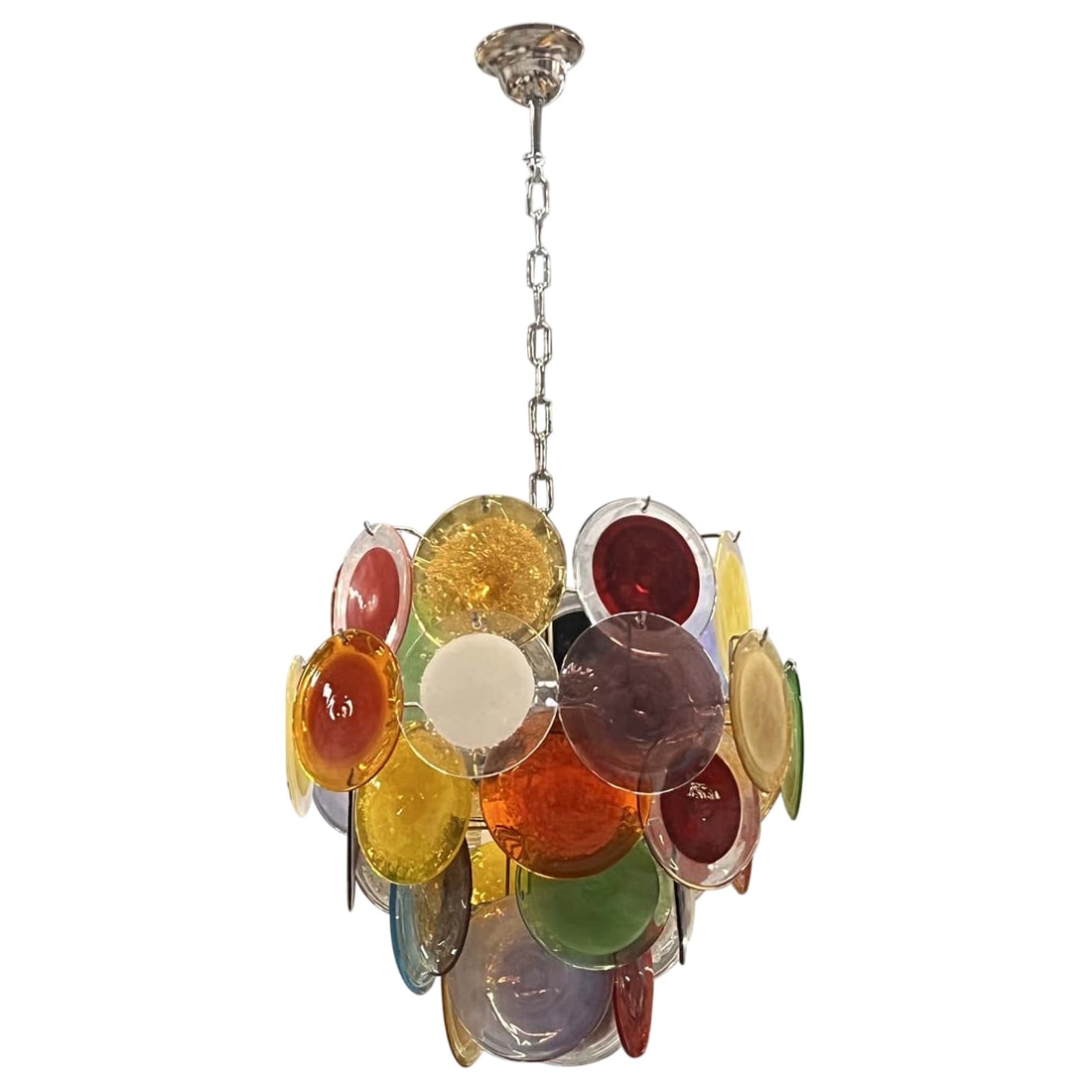 Murano 36 Disc Mix Colors: Vistosi Murano Disc Chandelier 36 vintage Mix Colors 6-inch discs, new base, 4 light sockets. Total Length including chain is 46" and of course you can make it shorter Not UL certified