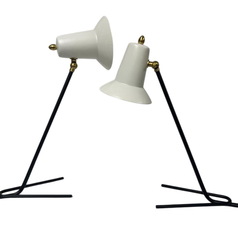 Pair of Italian Table Lamps: 2 Italian Table Lamps by G.C.M.E with enameled black painted base and white cones with brass details. New old inventory Smaller size available Wired for U.S. use. Cone Dimensions: Depth - 5.5 " Diamet