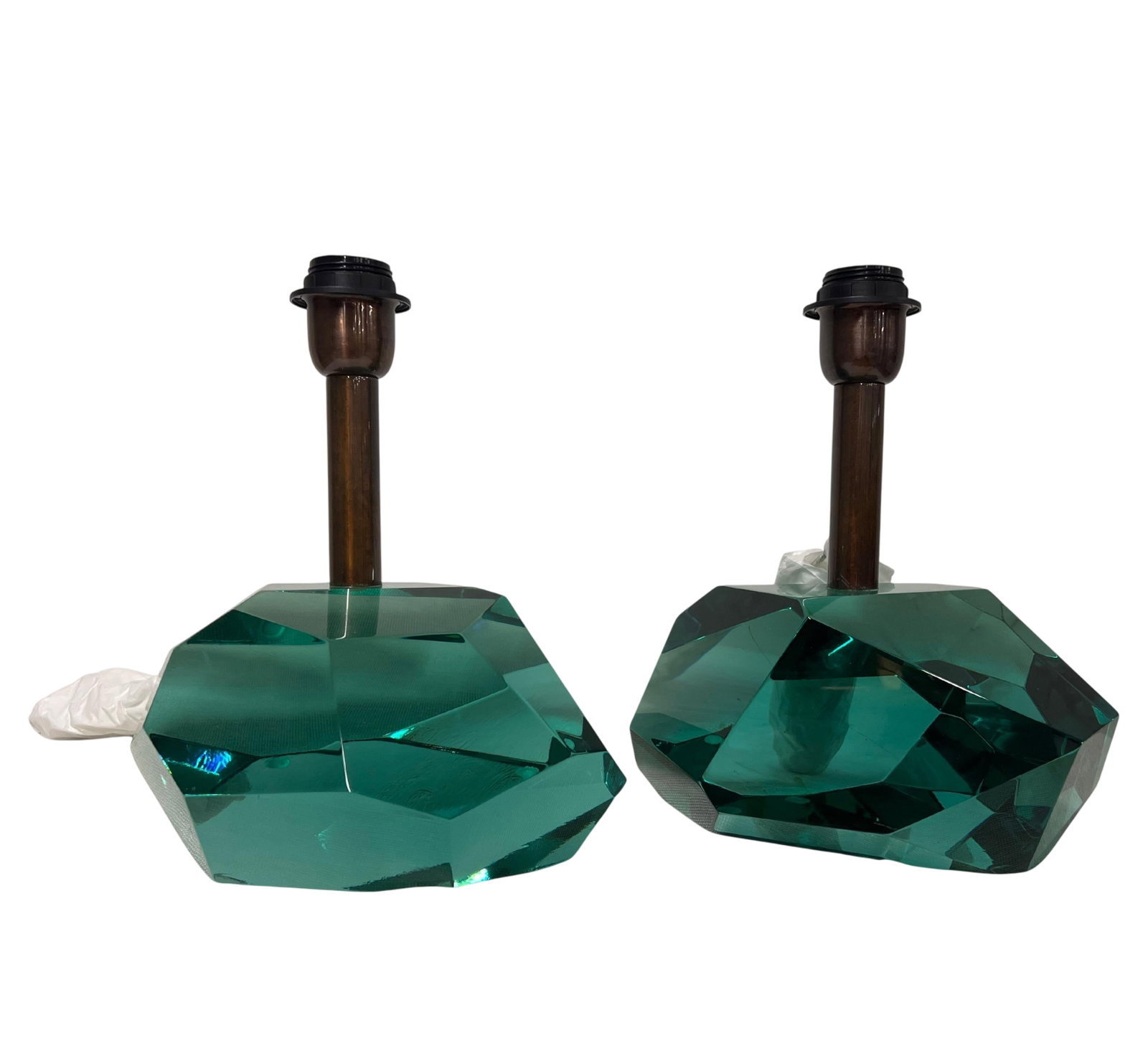 Glass "Rock" Green Table Lamps: Murano glass green cotisso rock table lamps signed by Alberto Dona. Made by hand in Murano, Italy. These lamps are the perfect blend of modern design and classic elegance. The smoky, faceted glass bas