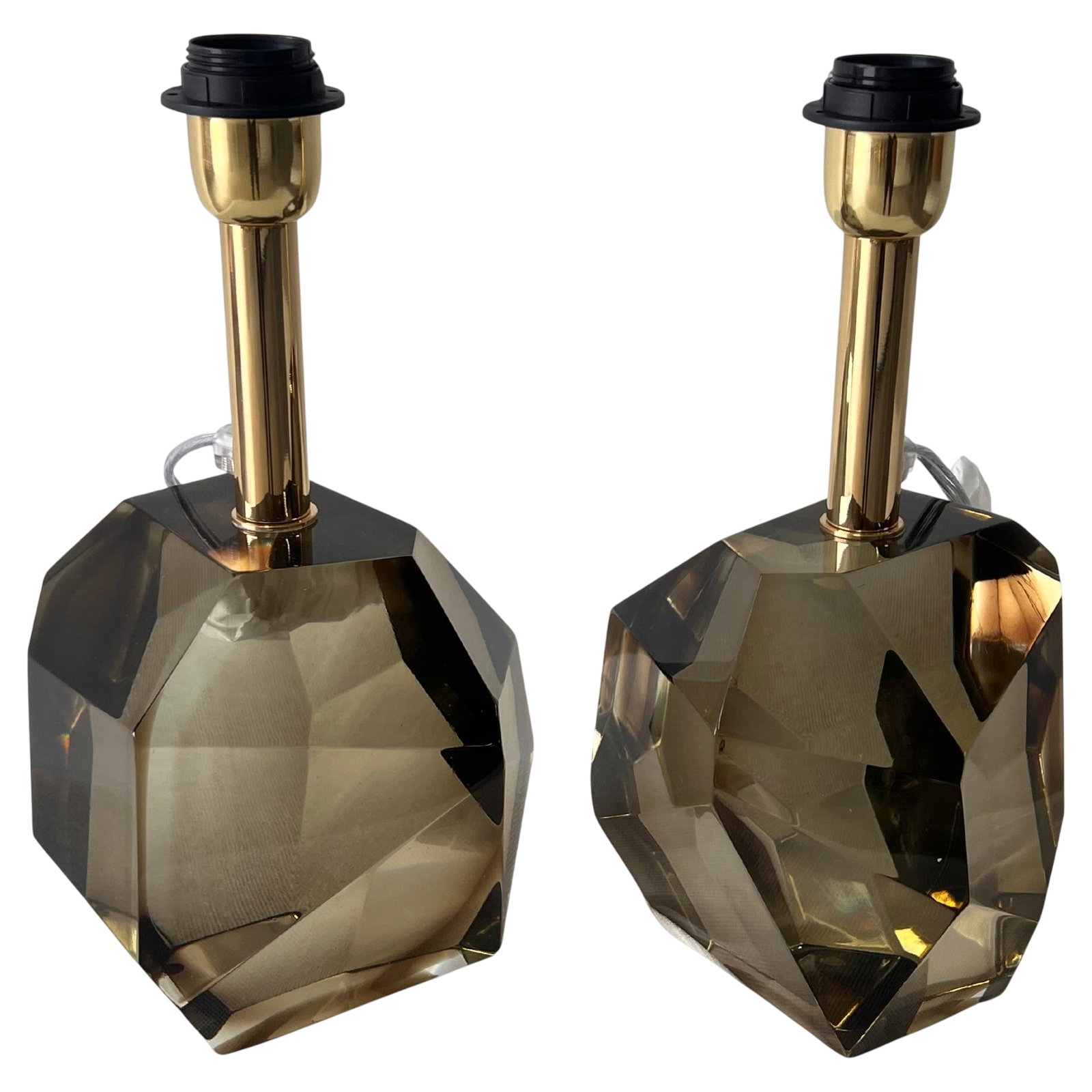 Glass "Rock" Gold Table Lamps: Murano glass straw like colored rock table lamps signed by Alberto Dona. Made by hand in Murano, Italy. These lamps are the perfect blend of modern design and classic elegance. The smoky, faceted glas