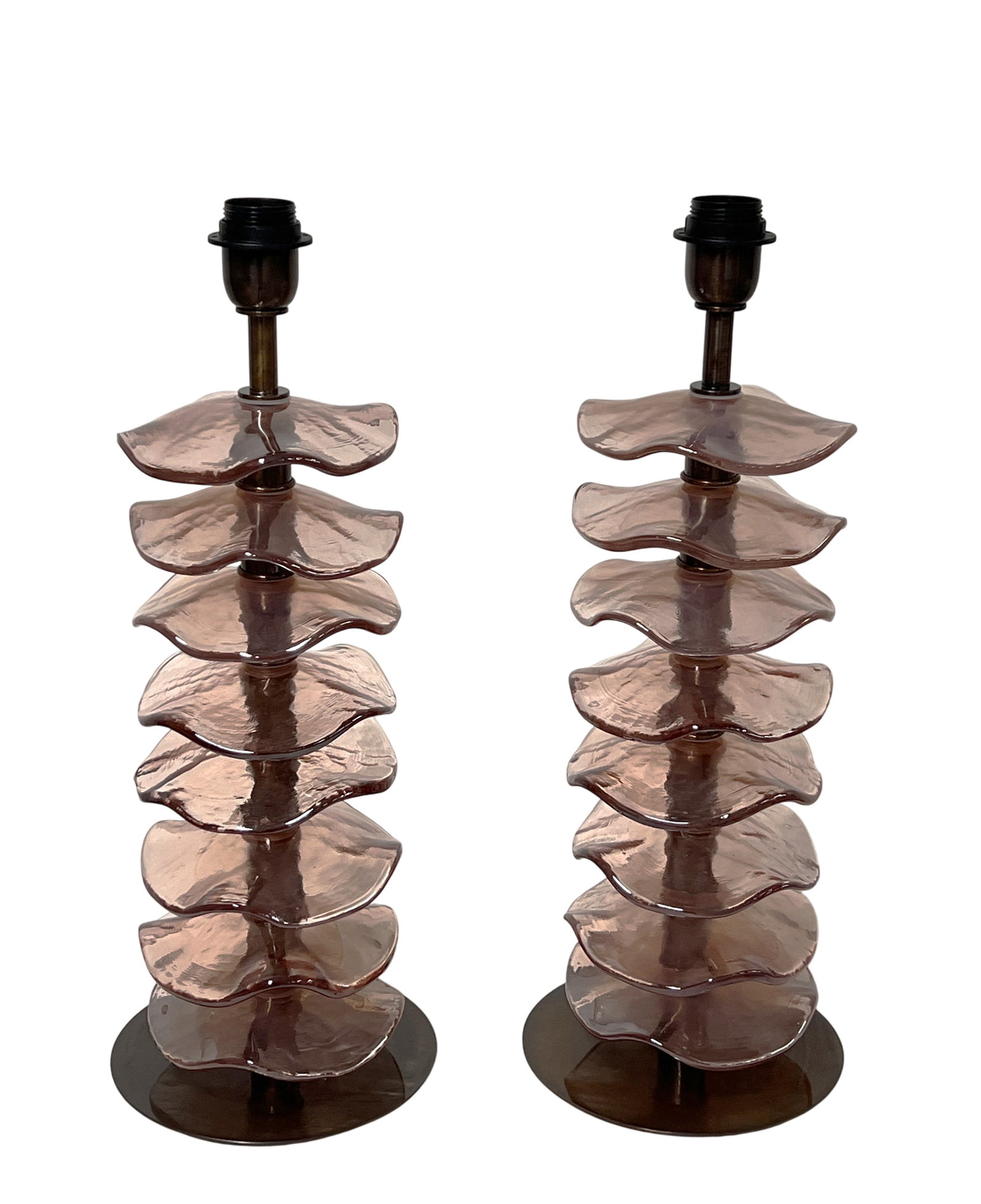Glass "Petal" Pink Table Lamps: Murano glass pink petal table lamps by Alberto Dona. Made by hand in Murano, Italy. These lamps have a unique and elegant stacked flower petal design.