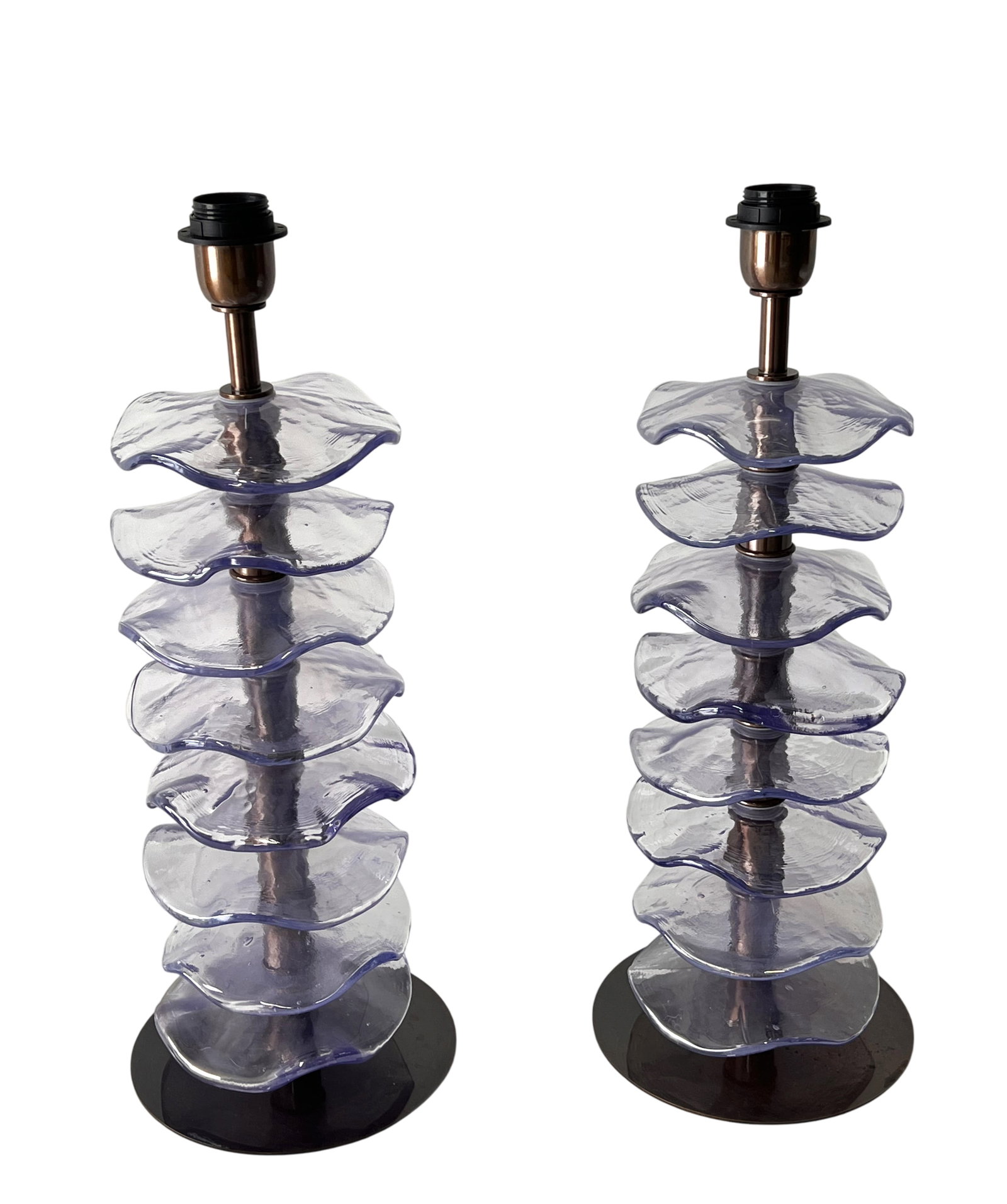 Glass "Petal" Purple Table Lamps: Murano glass purple petal table lamps by Alberto Dona. Made by hand in Murano, Italy.These lamps have a unique and elegant stacked flower petal design.
