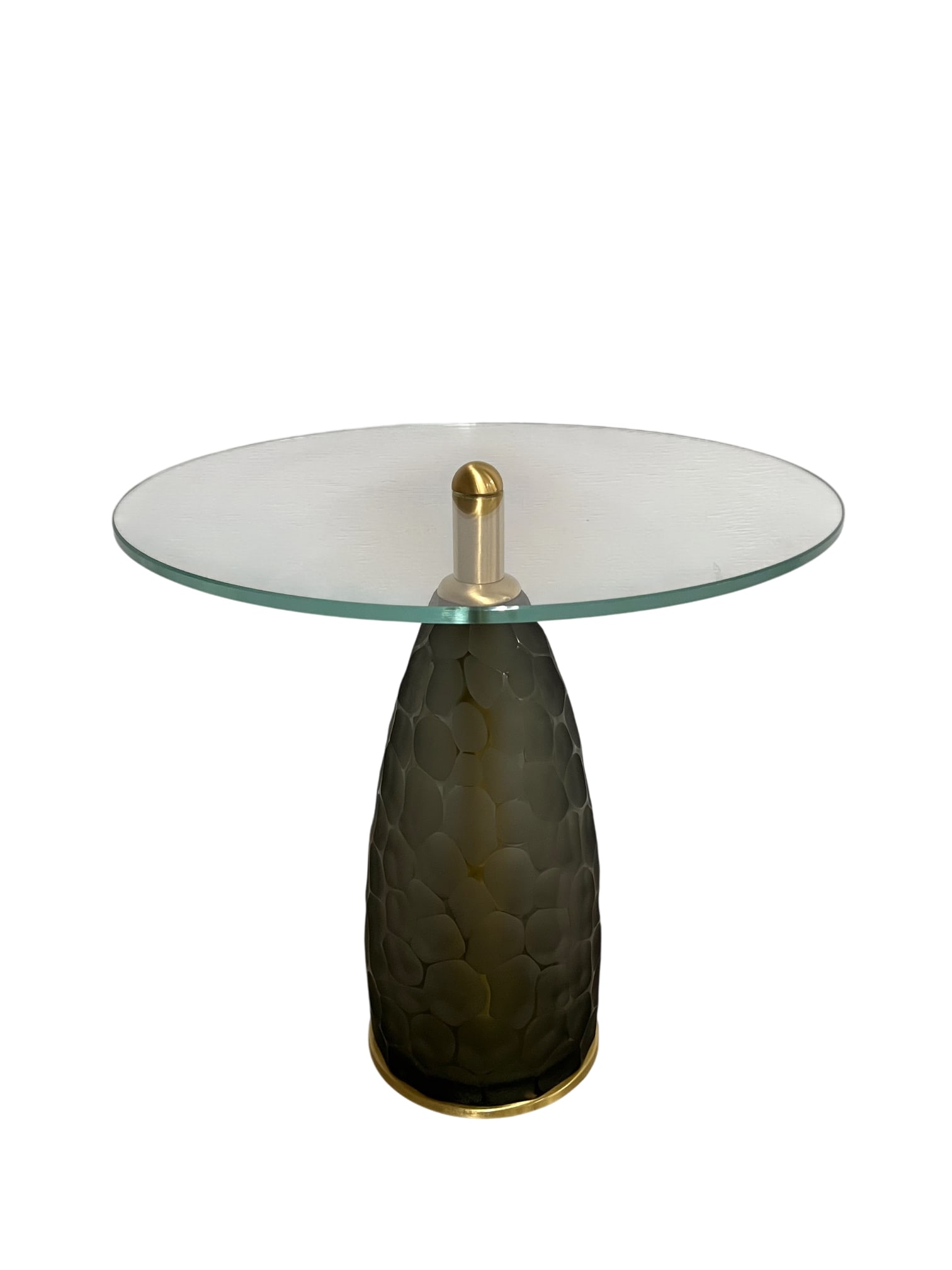 Sculptural Side Table by Alberto Dona: This elegant side table combines a handcrafted Murano glass base, designed by renowned glass master Alberto Donà, with a circular transparent glass top. The Murano base stands out for its delicate fi