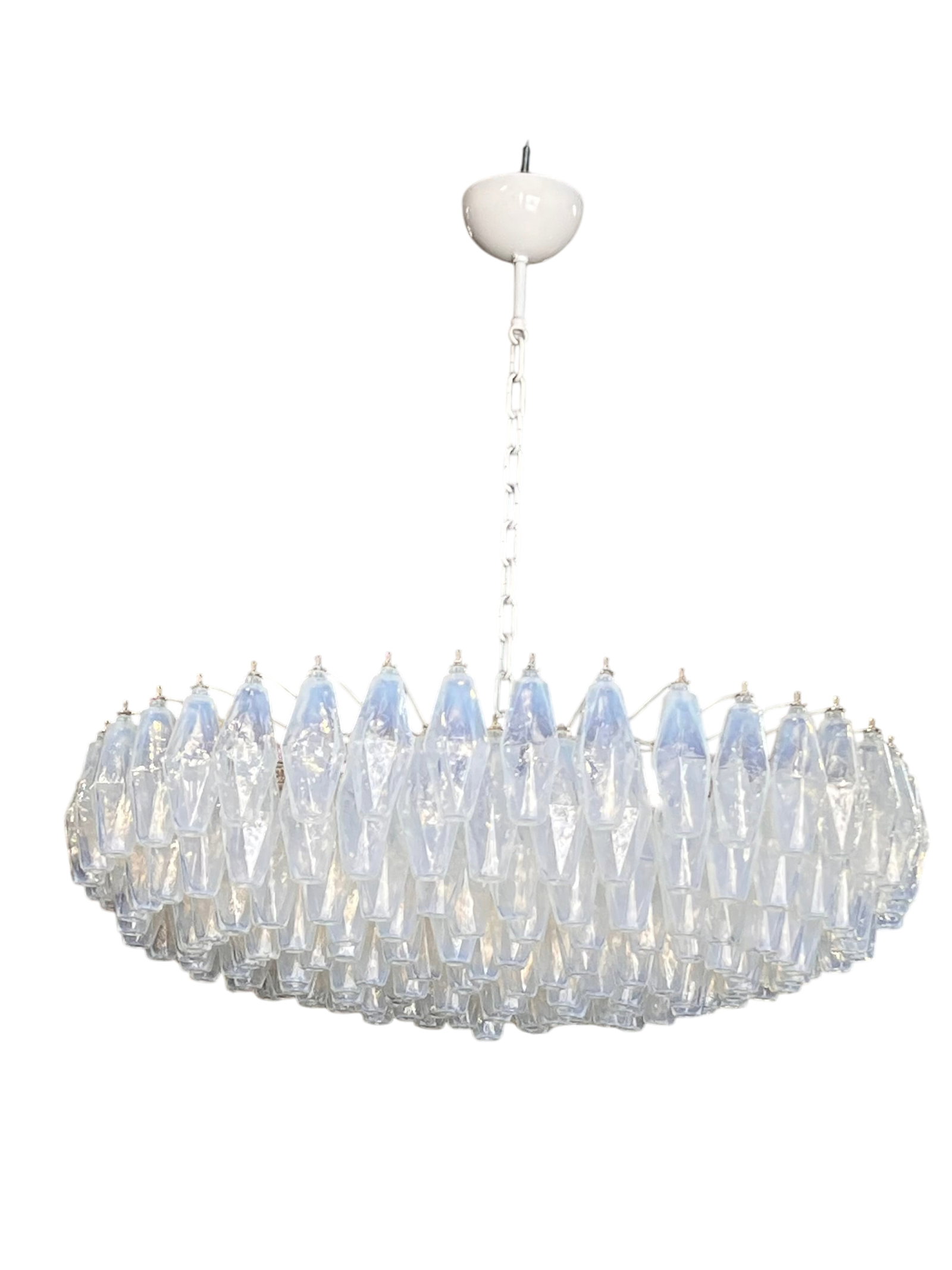 Polyhedron Giudecca Chandelier Opaline: Stunning modernist chandelier "Giudecca" Murano hand blown opaline polyhedral shades glass, suspended from a white frame. The frame features a gradual upward graduation from its center. Not UL approve