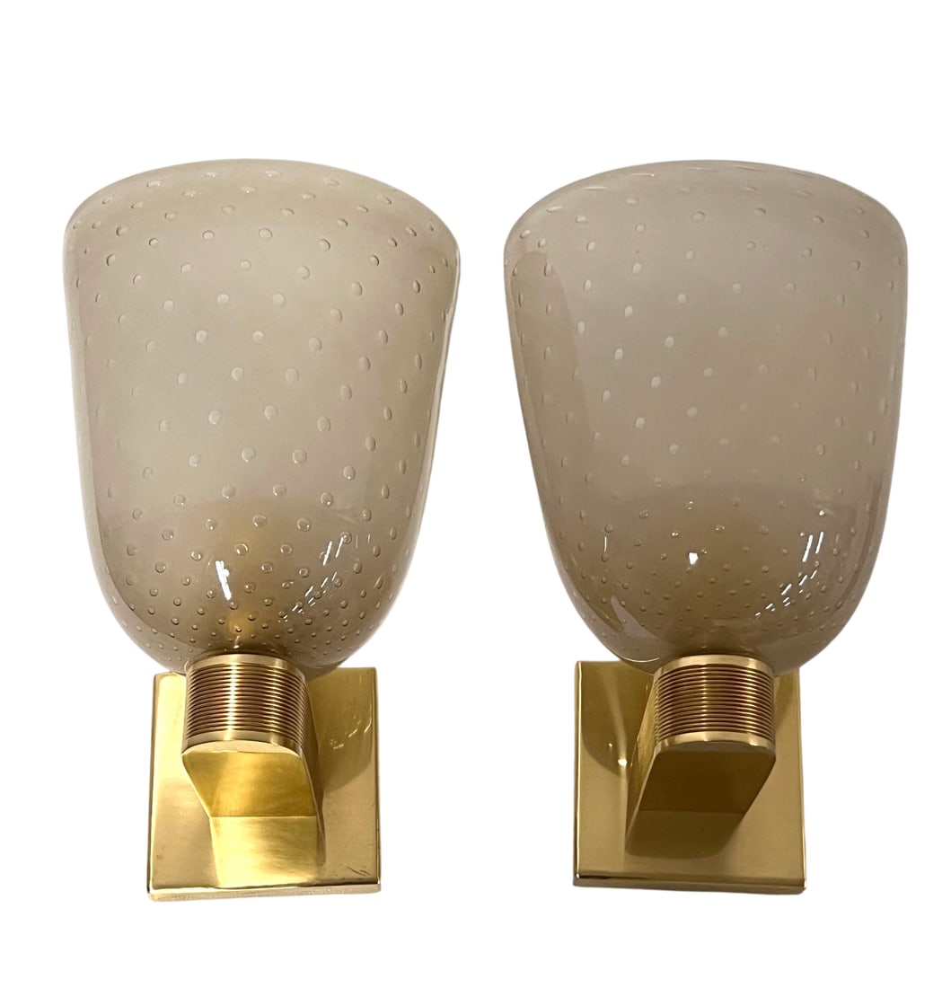 Murano Glass Sconces by Alberto Dona: Large Hand-Blown Murano Glass Sconces by master glassmaker Alberto Dona Bulbous glass shades with delicate spots and a brass colored base.
