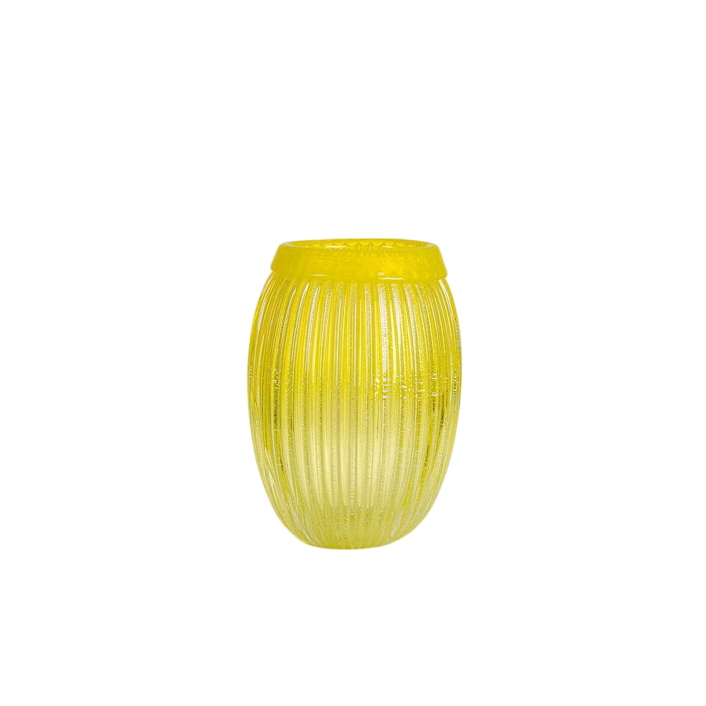 Glass Vase by Toso: TOSO Murano production, ca. 1960 Yellow glass vase, oval body decorated with vertical ribs, circular mouth with thick rim. Scratched signature.