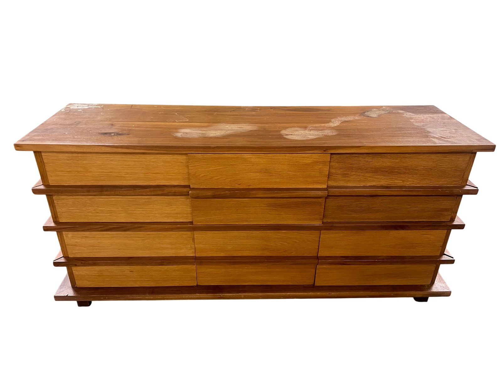 Vintage Mid Century Modern Low Dresser: Vintage Mid-Century Modern nine-drawer low dresser It is highly recognizable by its architectural, clean geometric lines and iconic sculpted solid wood drawer pulls that extend horizontally across the