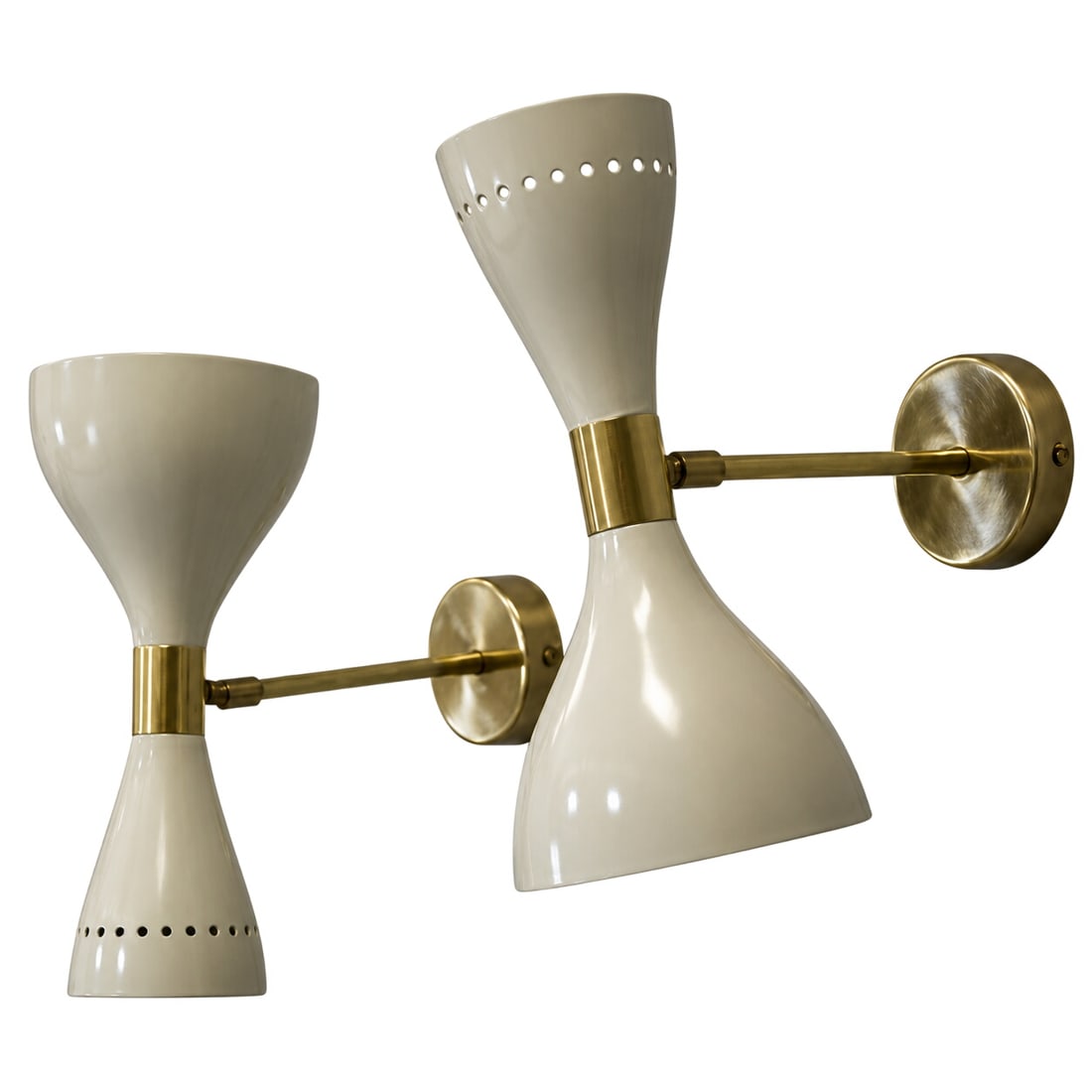 Pair of Italian Sconces: Pair of Italian Sconces. Ivory enamel on aluminum with brass arms and fittings. Sconces can be positioned at any angle. Each sconce takes two Candelabra bulbs. Brass arms, fully restored shades.