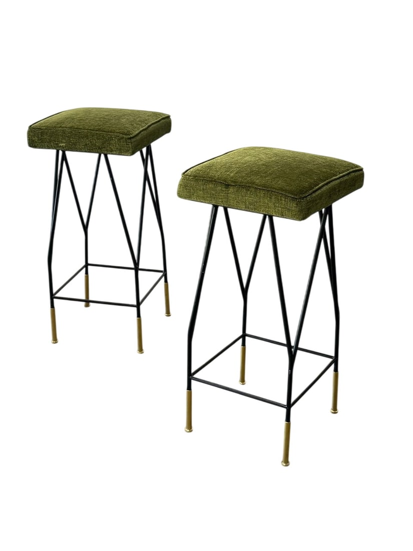 Pair of Contemporary Stools Green Fabric: Newly upholstered Italian Contemporary square stools featuring a black lacquered iron frame with brass-finished leg details and green cotton velvet upholstery.