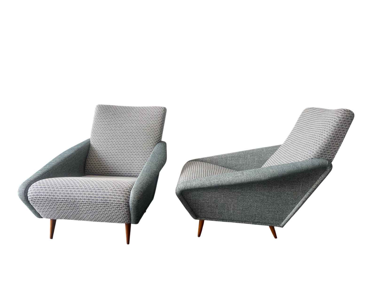 Gio Ponti 807 Distex Chairs: Model No. 807 Distex chairs designed by Gio Ponti for Cassina, featuring a distinctive low-slung, angled profile. Newly upholstered