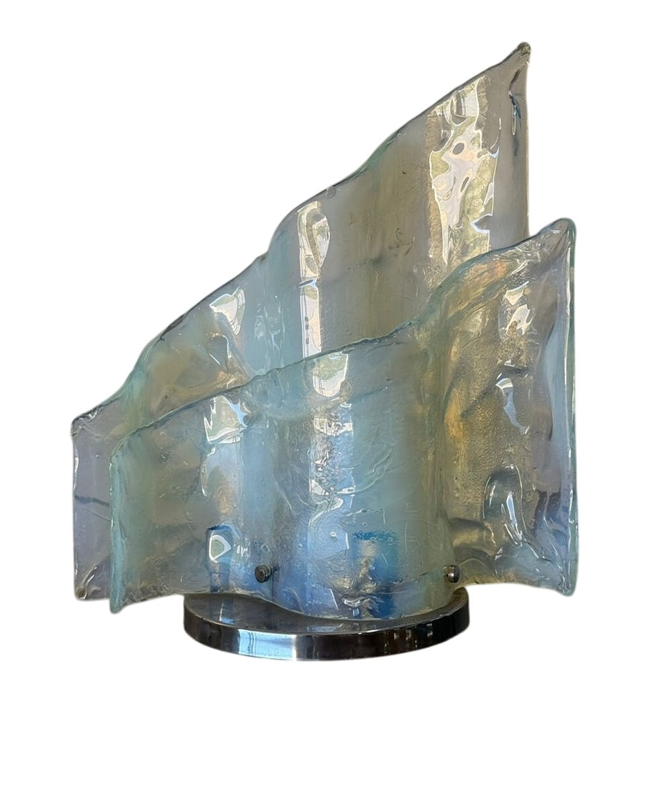 Carlo Nason for Mazzega Table Lamp: This Carlo Nason for Mazzega opalescent Murano glass table lamp from the 1960s features sculptural waved glass slabs on a chrome base.