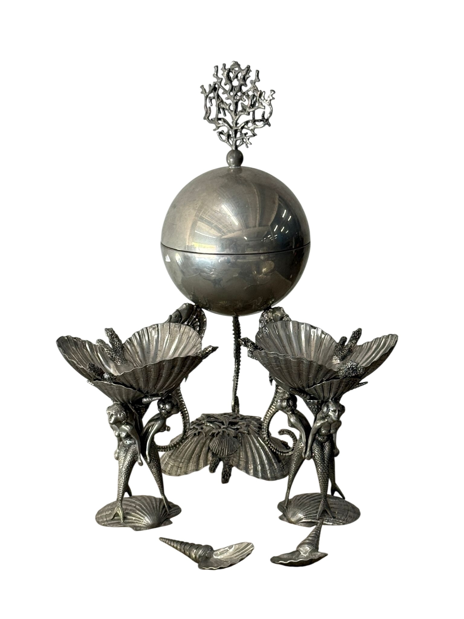 Piero Figura Caviar Service Set: This object is a late-20th-century pewter seafood and caviar service designed by the Italian artist Piero Figura for the manufacturer Atena