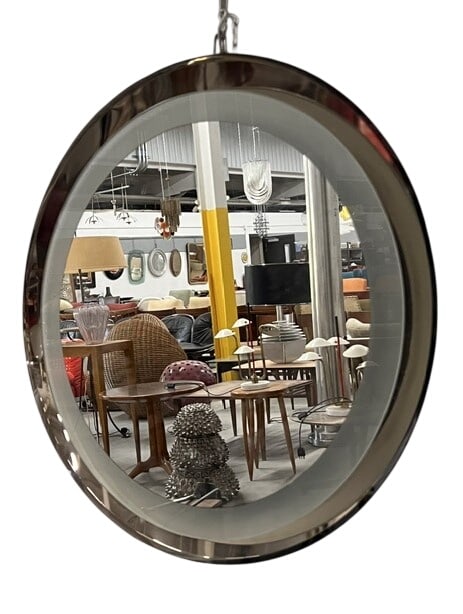 1960s Round Wall Mirror: This is a 1960s Italian Mid-Century Modern wall mirror, likely designed by Cristal Art or Sergio Mazza for Artemide, featuring a prominent mirrored or tinted glass frame. Blends Space Age and