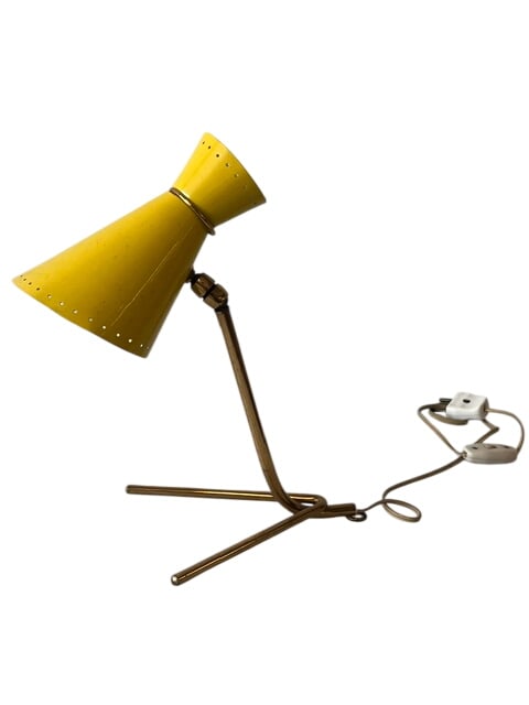 Small Italian Desk Lamp Stilnovo Style: Vintage Mid-Century Modern "Diabolo" tripod desk lamp. Originally produced during the 1950s, this distinctive modernist lighting style is closely associated with prominent Italian design houses like