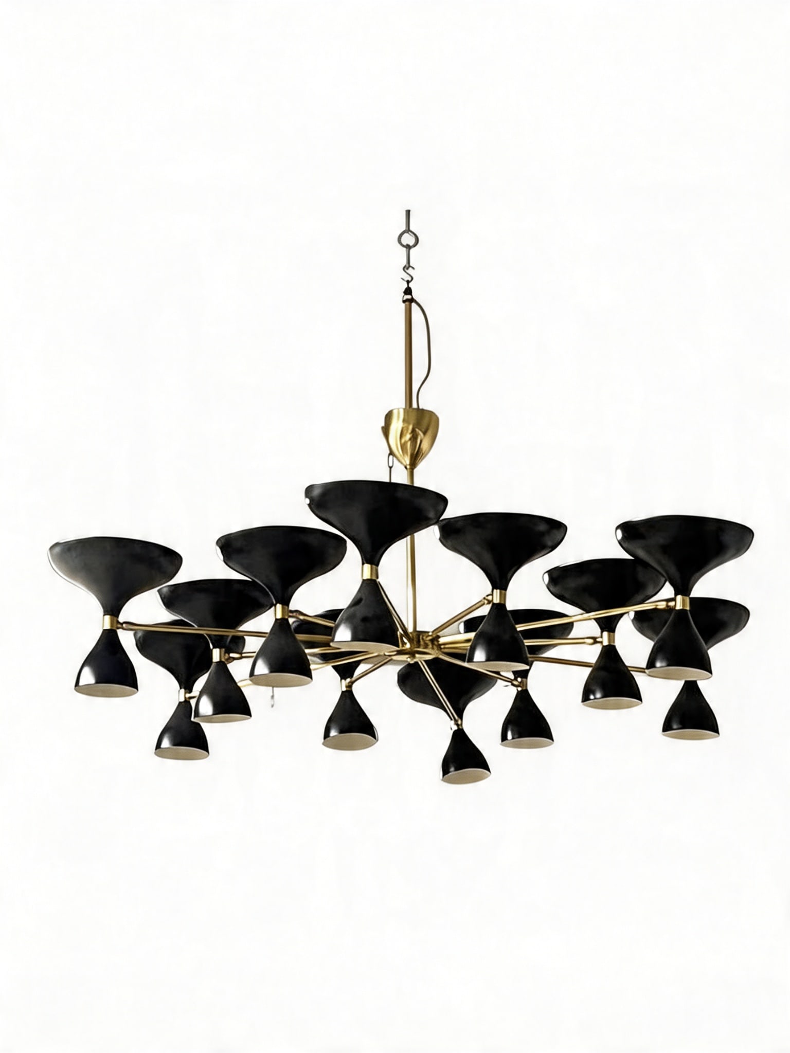12 Arms Brass Chandelier: Sunburst design chandelier, with twelve brass arms and pivoting powder coated double cones with up double sided light sockets. All made in Italy. Also available in Ivory Cones. Not UL Certified May ne
