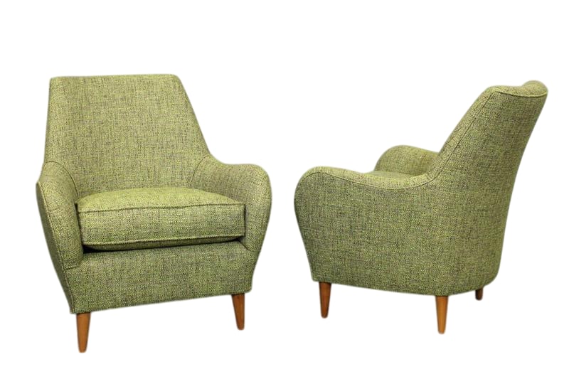 2 Restored Green Lounge Chairs: Pair of small 1950's Italian lounge chairs. Totally reupholstered and restored with vintage new old inventory fabric. Perfect for entry area or bedroom. These chairs come from an important hotel Bosco