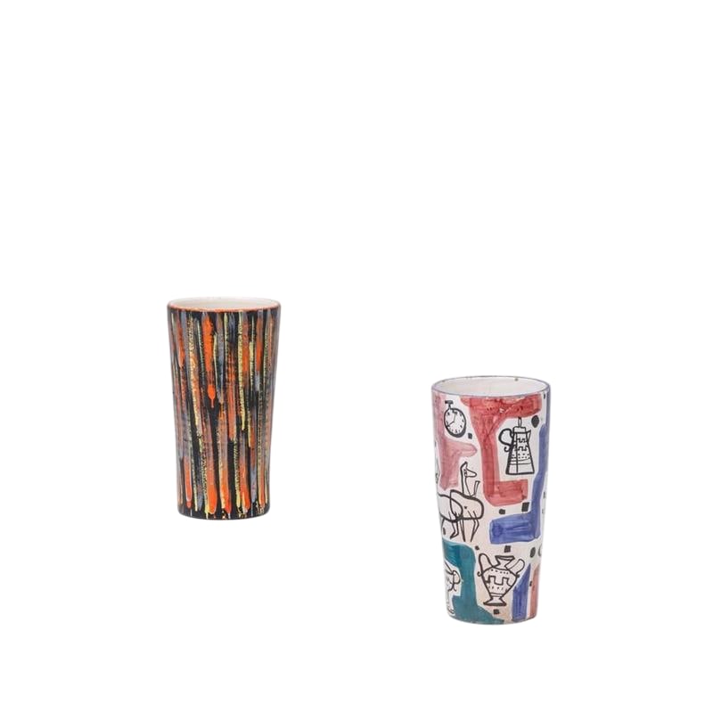 2 Umbrella Stands: Italian production 1950 ca. Two hand -painted ceramic umbrella stands with abstract and figurative decorations. Alt. 50 cm - Alt. 46 cm.