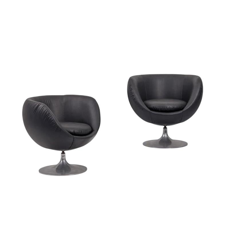 Pair of Swivel Armchairs: Italian production 1970 ca.Couple of swivel armchairs, circular foot in chromed metal, black skai coating.