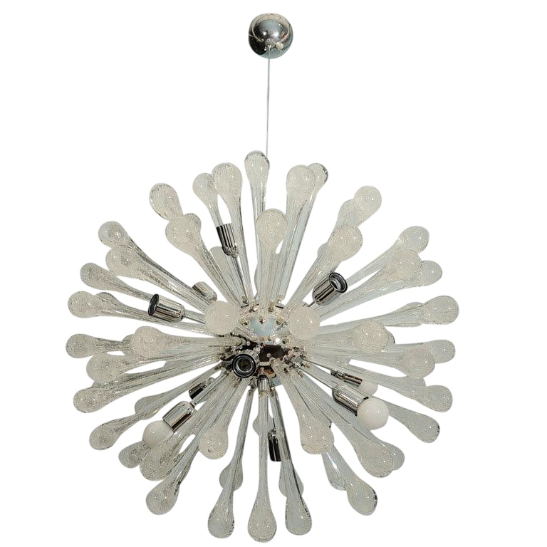 Murano Tear Drops Sputnik: Large Scale Murano Glass Sputnik Fixture Gorgeous and unusual fixture with 65 Murano glass elements of clear glass with controlled bubbles inside. 12 light sources. New Old Inventory Not UL Certified