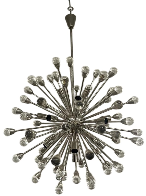 Venetian Sputnik: Spectacular supernova solid nickel fixture. Dozens of rays with glass orbs, all dramatically Illuminated by 16 light bulbs. Truly impressive Pair Available Not UL Certified May need rewired