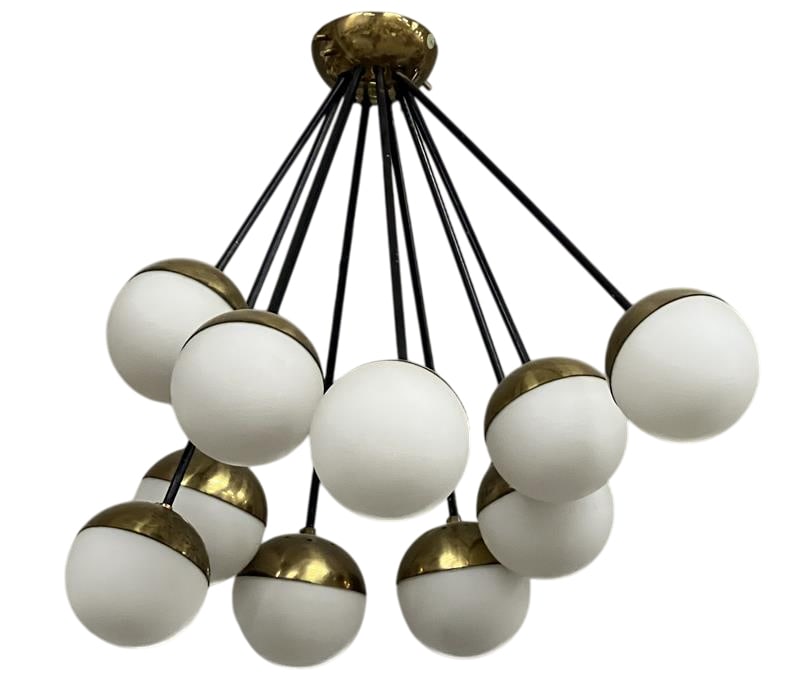 Vintage Stilnovo Chandelier: Stilnovo Chandelier A gold-white, vintage Mid-Century Modern Italian chandelier, pendant made of hand crafted polished brass, designed and produced by Stilnovo in good condition. The small round