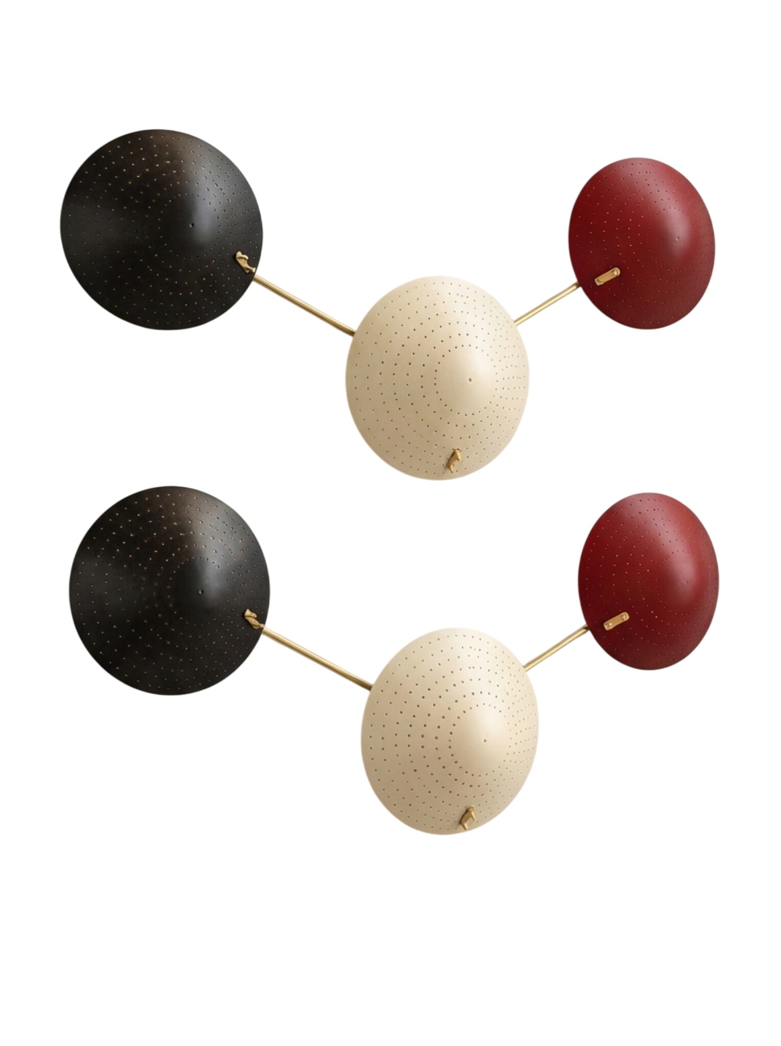 Pair of Sconces by Roberto Rida: A Pair of Limited Edition wonderful sconces made in Italy by Roberto Giulio Rida Brass structure with 3 light sockets and shades- ivory, black and red Also available in ivory- see last photo