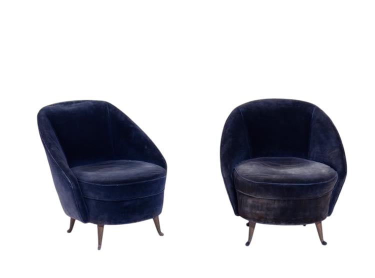 Pair of ISA Lounge Chairs: Isa production Pair of Armchairs Bergamo, 1950s. Wooden frame, blue velvet upholstery, brass legs, manufacturer's label under the seat.