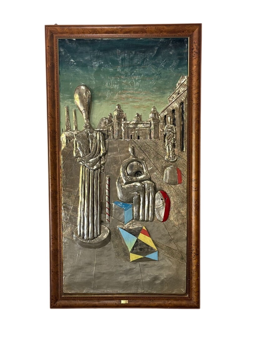 Decorative Panel by D'Addamio Creazioni: D’Addamio Creazioni Decorative panel depicting "Le Muse Inquietanti" (The Disquieting Muses)Modeled resin structure covered in hand-worked and partially painted pure gold. It bears the