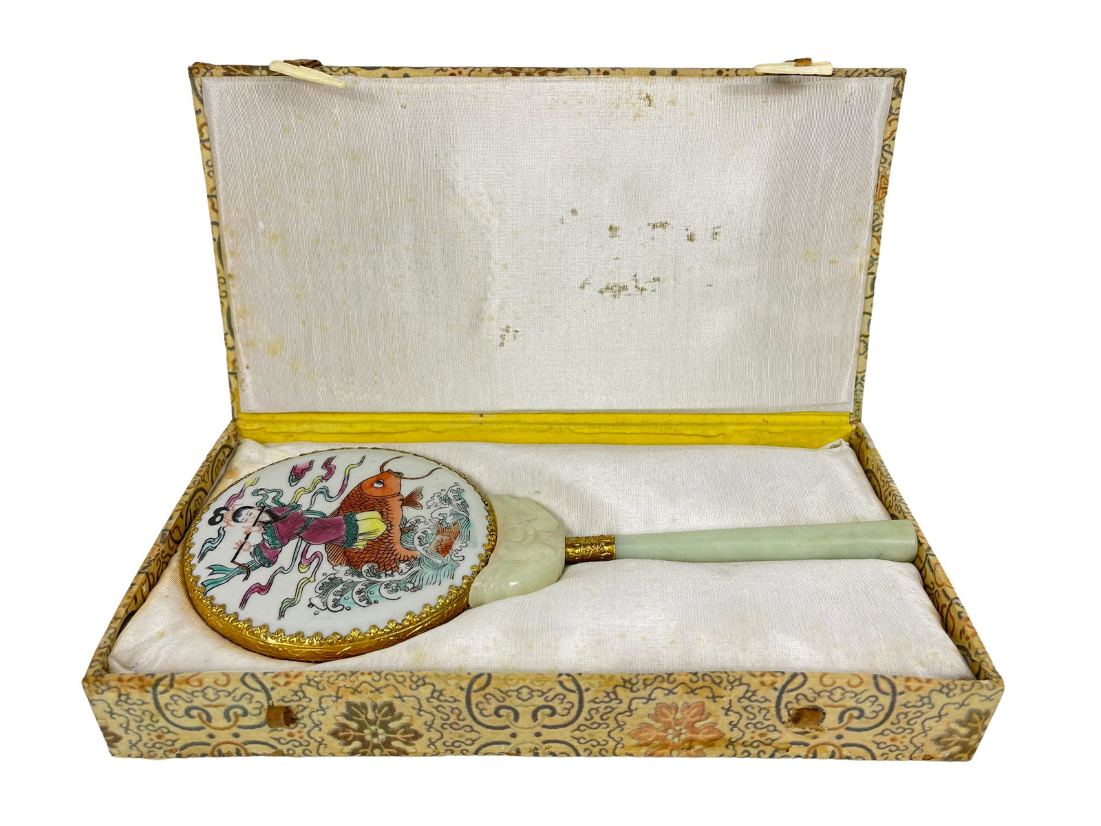 A beautiful chinese jade mirror with box: Embedded with porcelain piece; with box; jade mirrior:9 .25"
