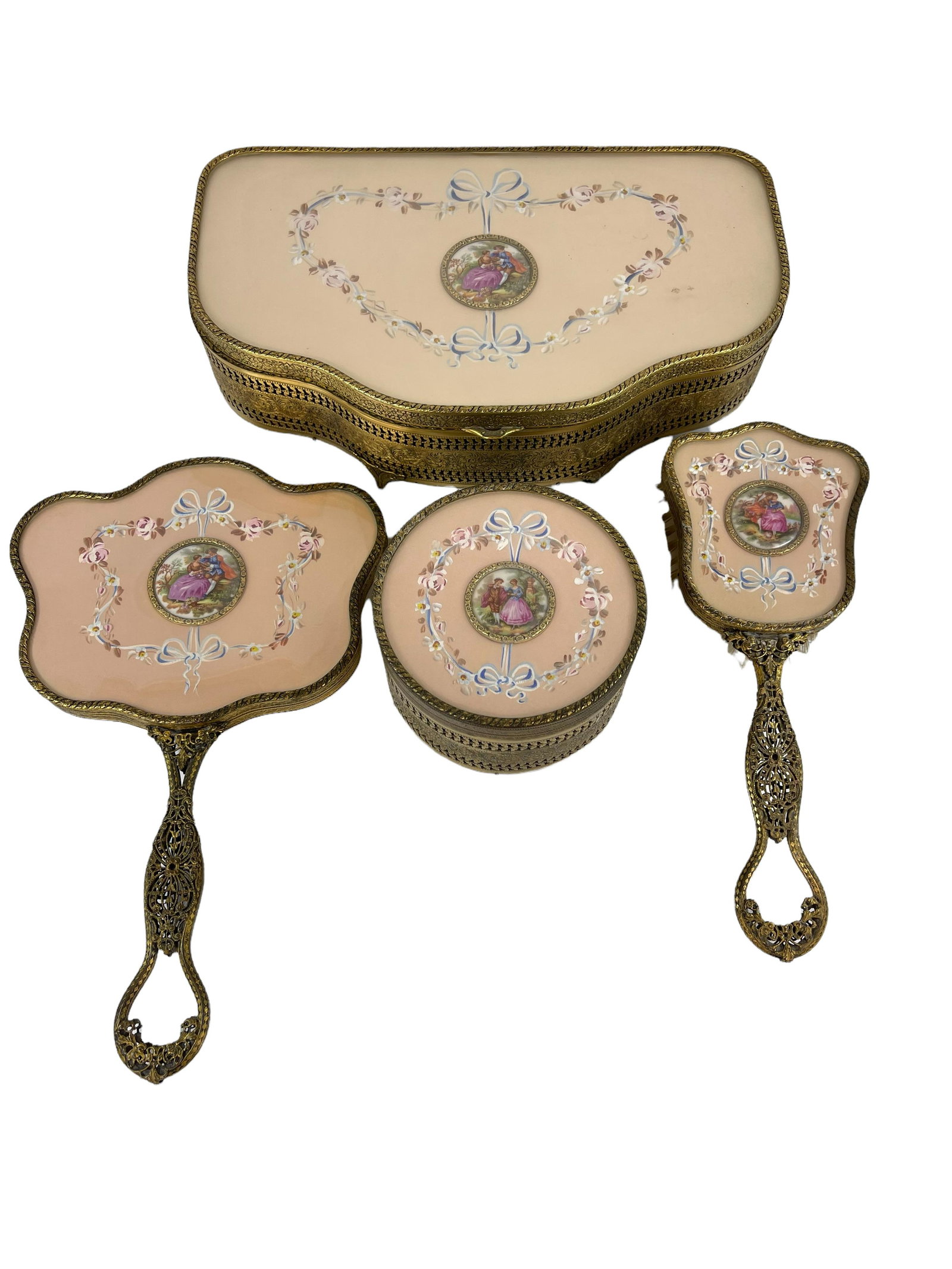 A set of beautiful antique victoria mirror and brush set: set of beautiful vintage mirror and brush ; Largest box; 12" x 7"