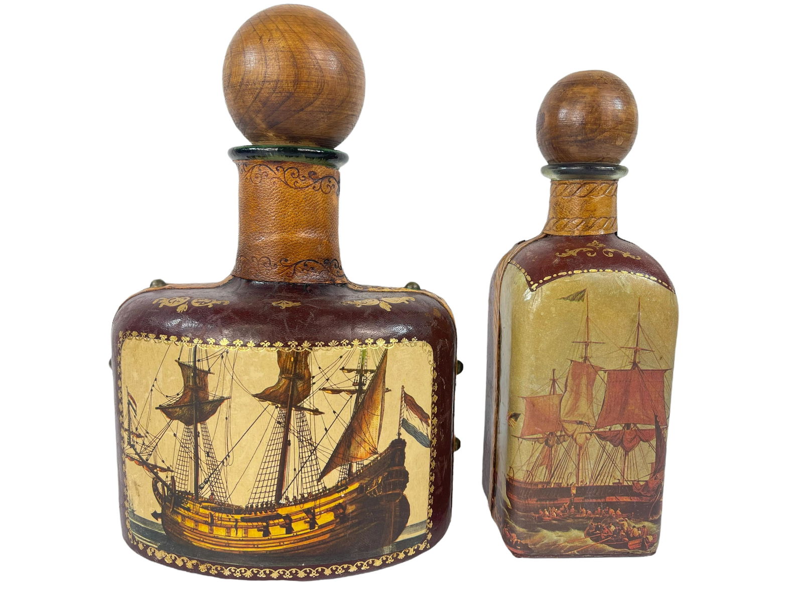 2 Italy antique genuine leather covered bottle with old world ship design: Fausto Corduri genuine leather covered bottle; 10"H