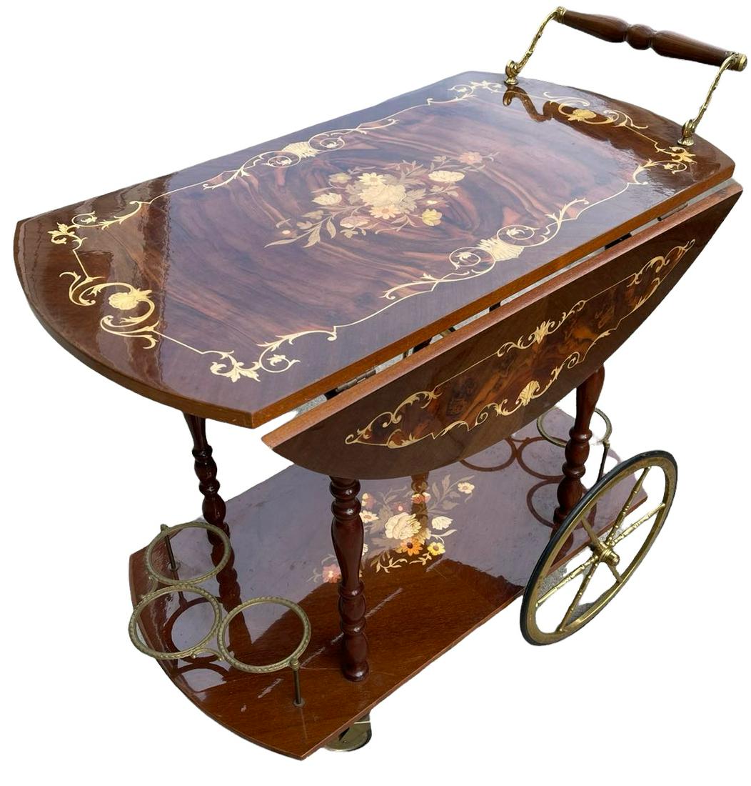 A fine Italian Marquetry lacquered drop leaf walnut and brass bar cart: Handmade Italian Victorian Extendable Bespoke Burr Walnut & Floral Inlaid Parquetry & Marquetry Decoration Beverages Service Cary w/2 Shelves & Wheels);L:32 W:30 (w/2 Shelves) H:30