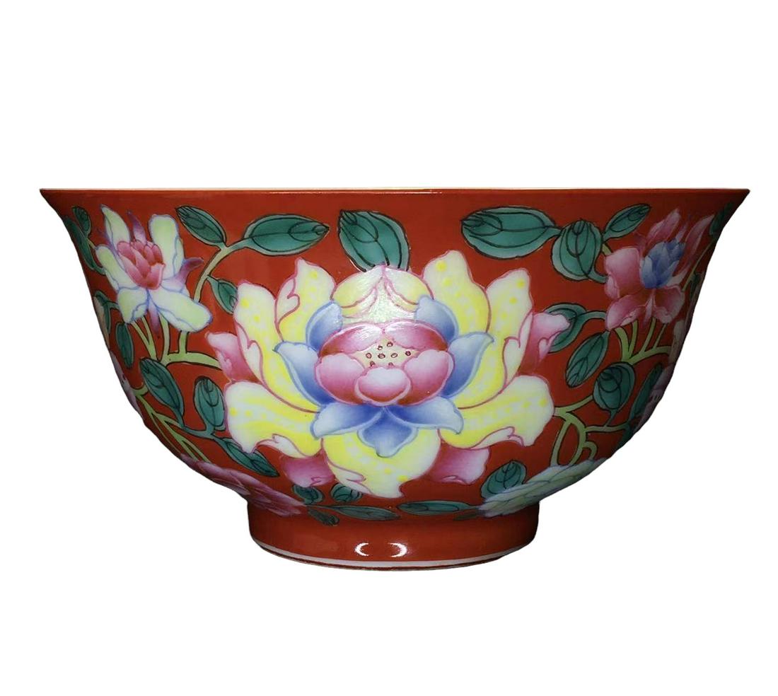 A fine chinese enamel red glazed with flower porcelain bowl (1 of 17)