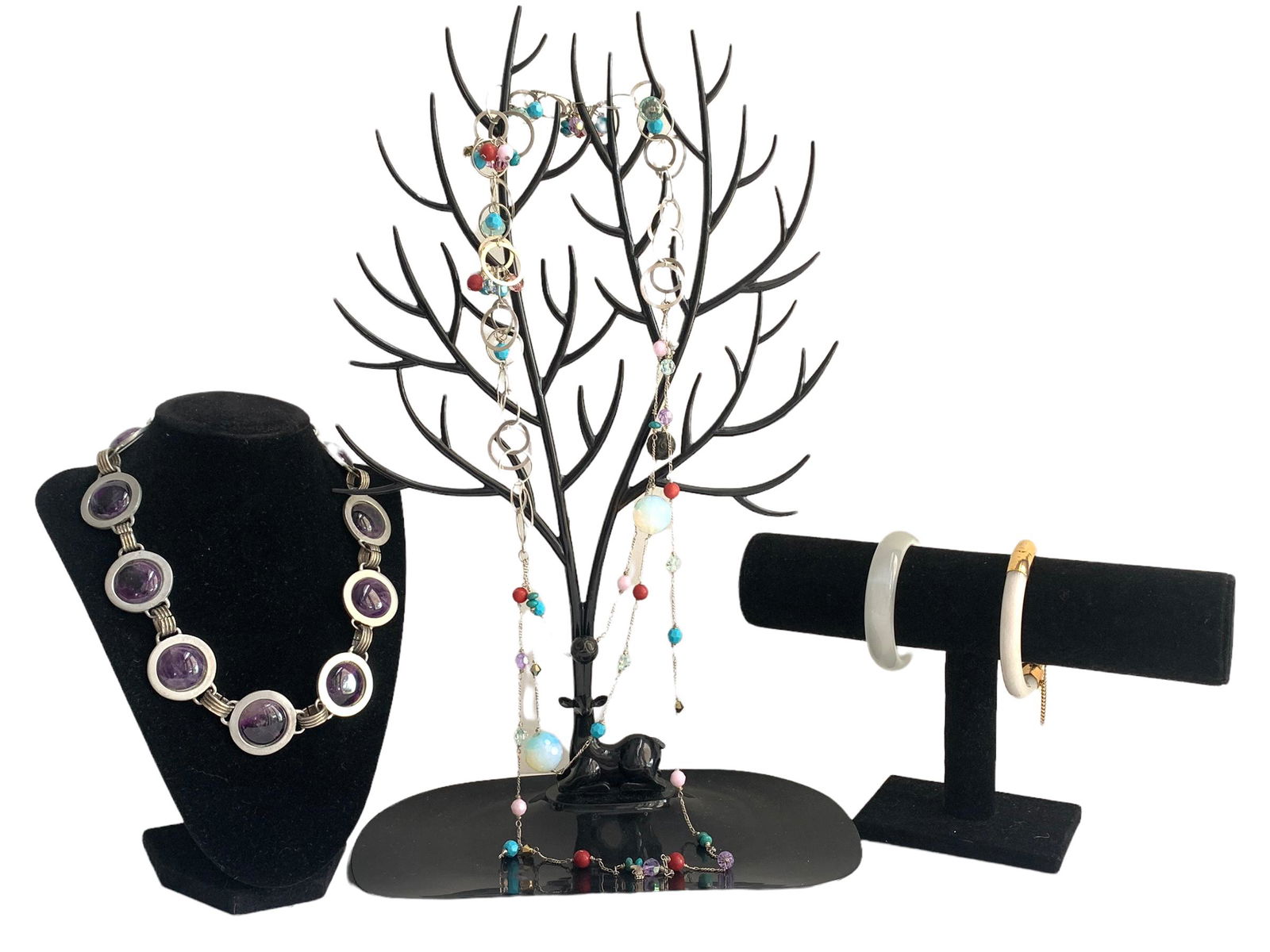 A fine amethyst inlaid necklace with 2 chinese nephrite/jade bracelet and moonstone/turquoise: A fine amethyst inlaid necklace: L: 9"; 2 chinese nephrite/jade bracelet: D: 7cm; 8cm; moonstone, turquoise, crystal, and agate silver necklace: L: 22.5"