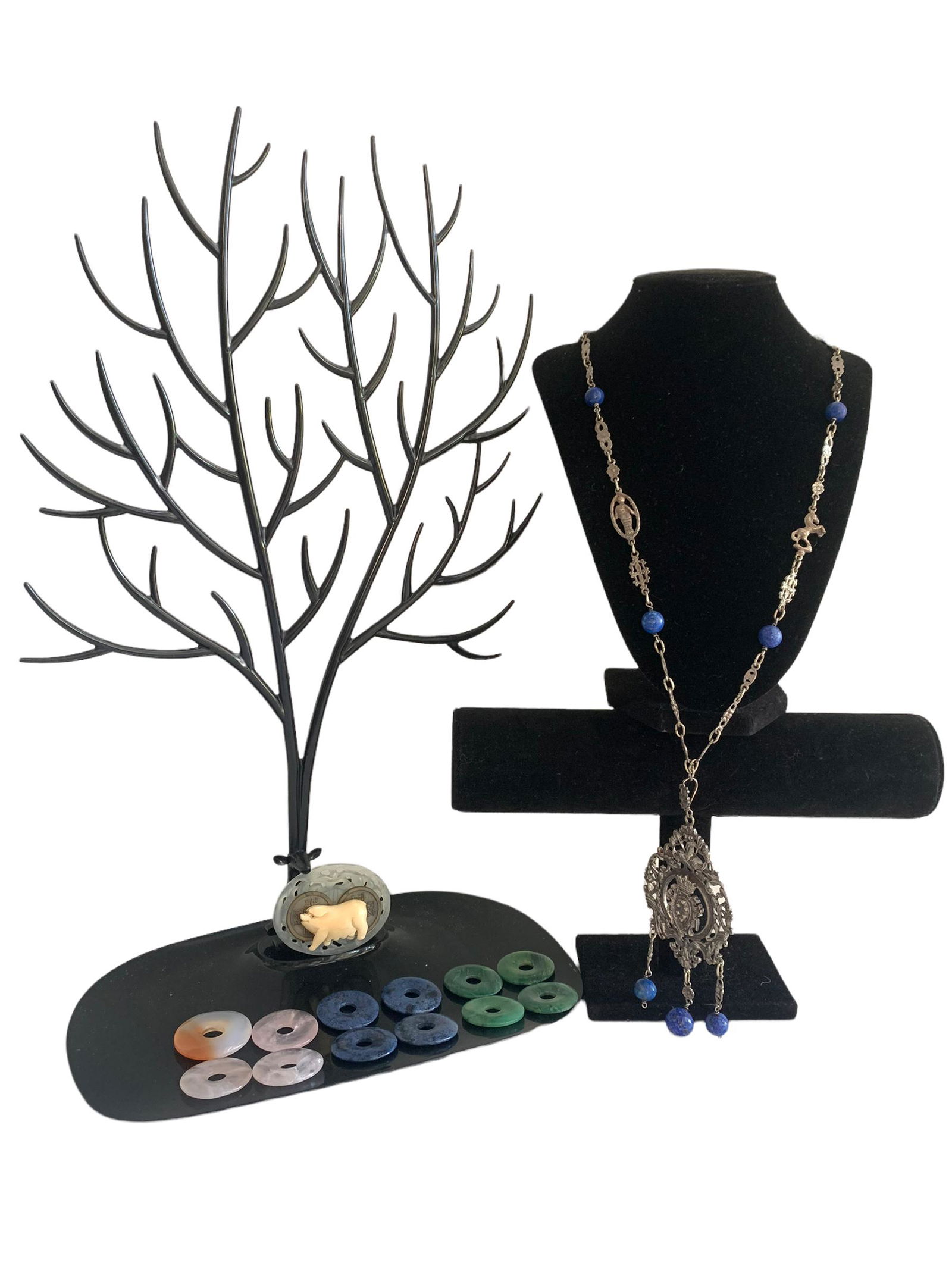 A chinese jade carved, 12 pieces jade, agate, crystal, and a Lapis lazuli inlaid silver necklace (1 of 13)