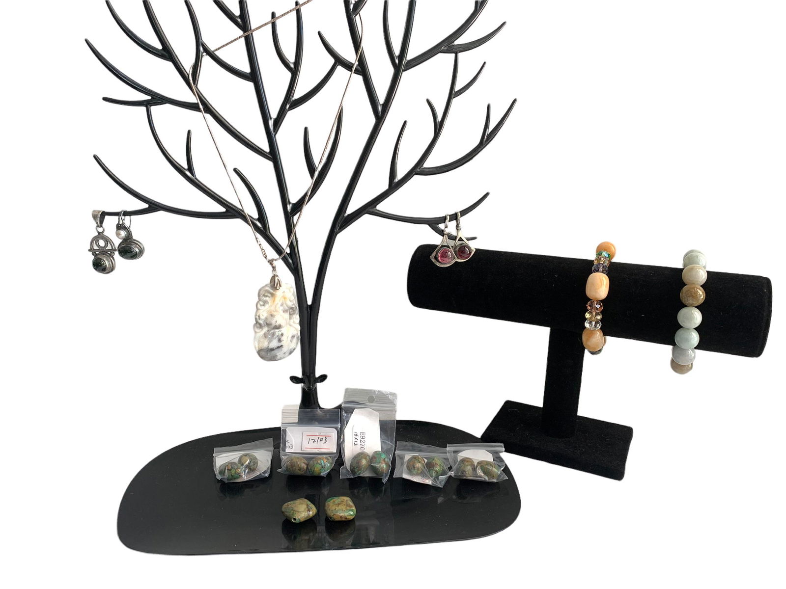 A group of jade, turquoise, sterling silver, agate, tourmaline, and nephrite bracelet and pendant (1 of 13)