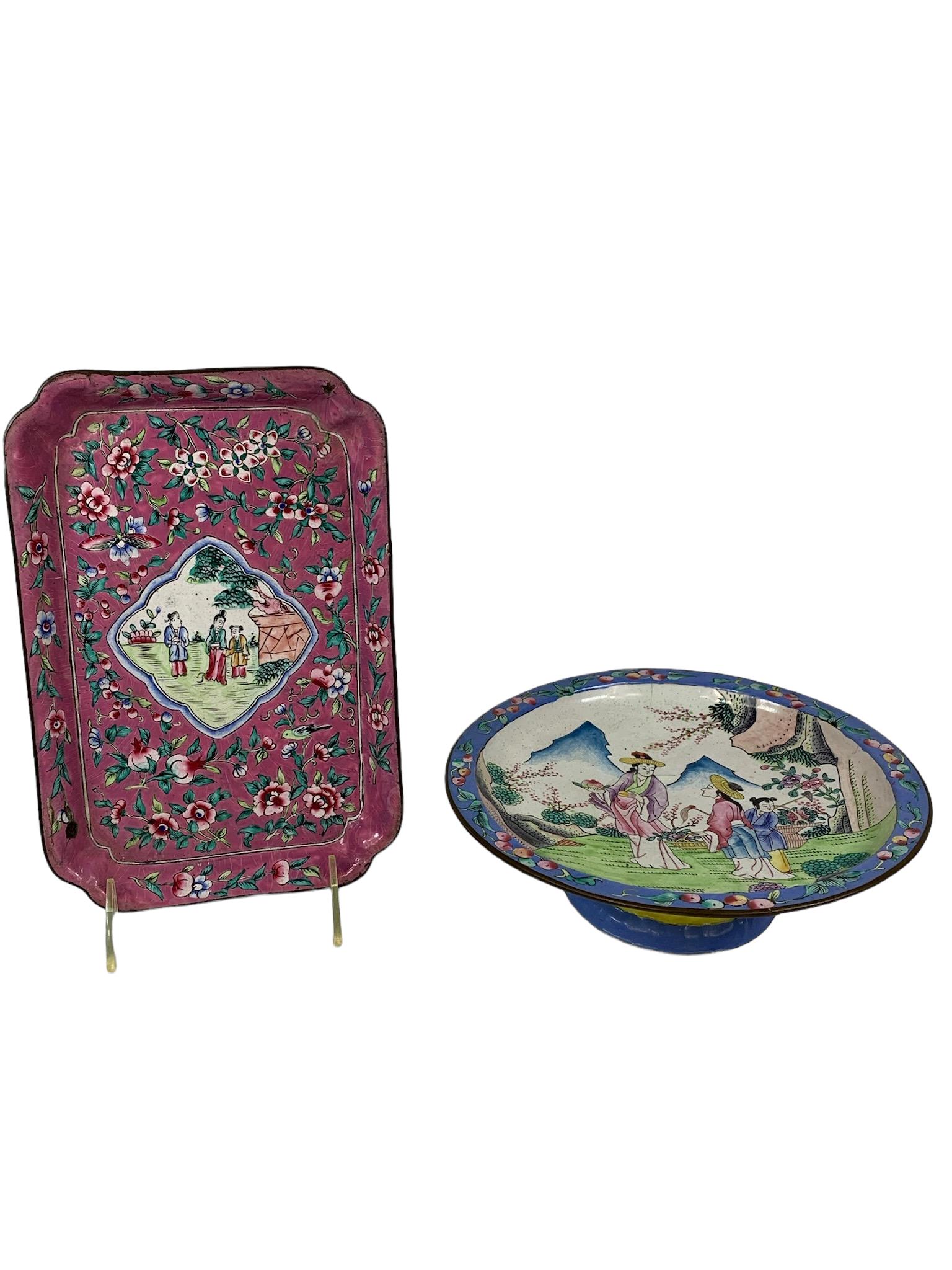 2 large beauitful chinese antique enamel plate: Bigger: D: 8.25" H: 2.5"; 2 large beauitful chinese antique enamel plate;