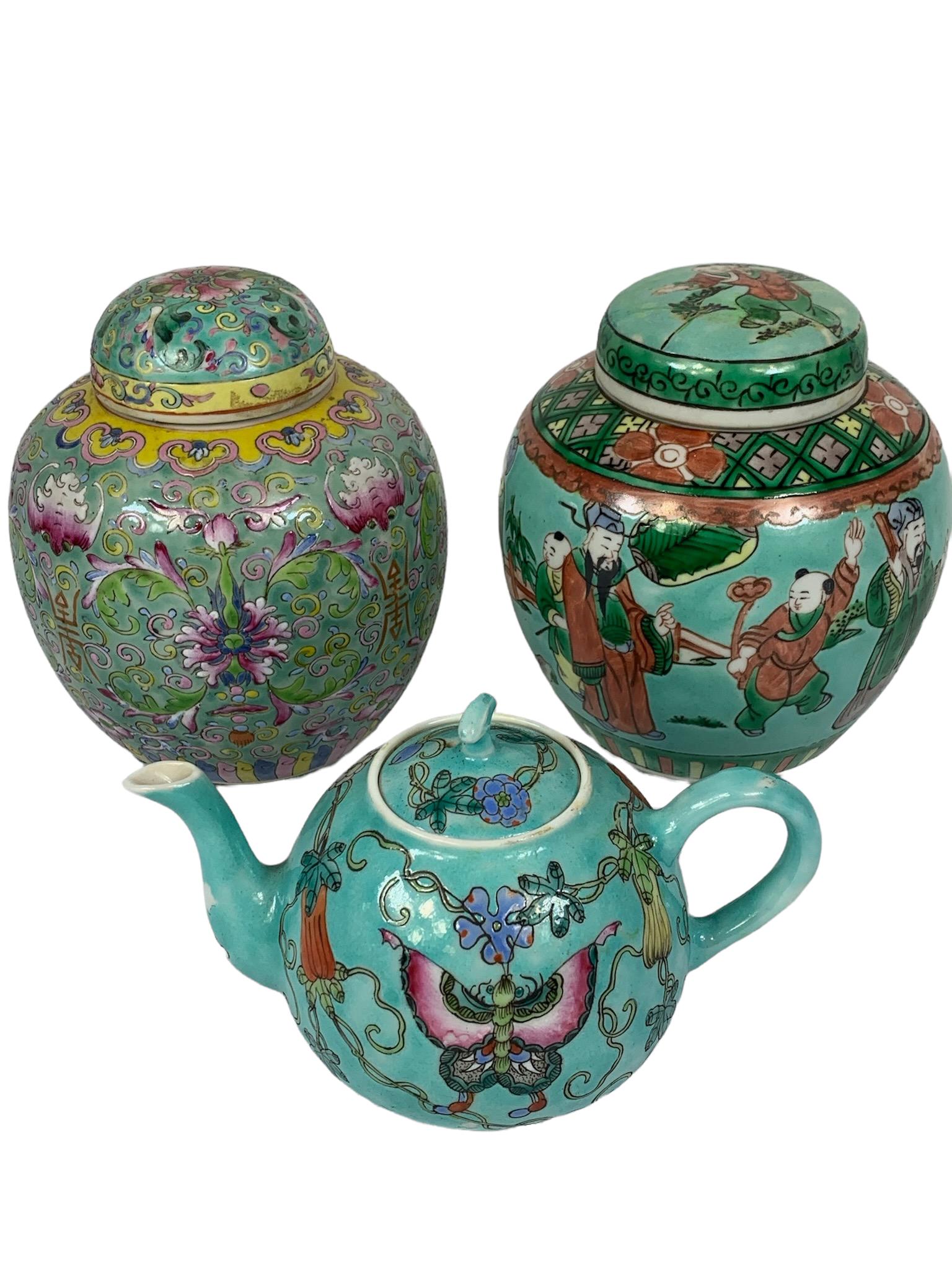 3 chinese antique famille rose porcelain jar and teapot: Taller: 4.75"; 3 chinese antique famille rose porcelain jar and teapot
