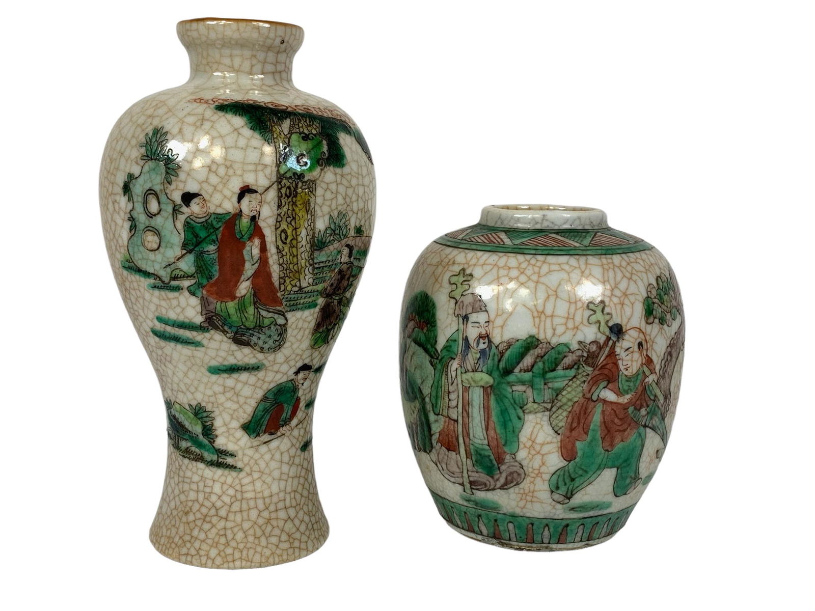 A pair of chinese antique porcelain: Taller: 7.75"H; with figure motif;