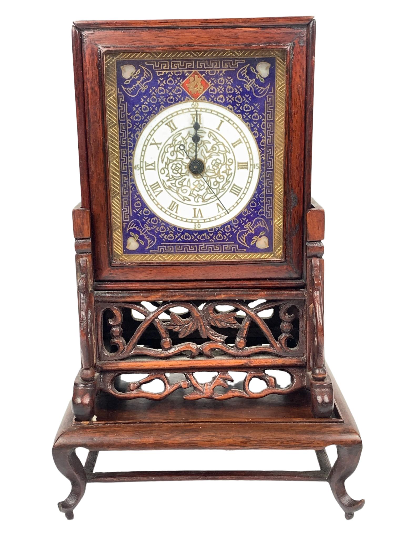 A fabulous chinese antique rosewood cloisonne clock: stand included; fabulous chinese antique rosewood cloisonne clock; H: 8.2"